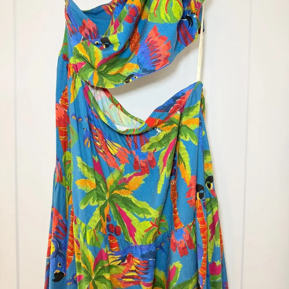 Farm Rio Sunny Day Maxi Dress One-Shoulder Cutout Tropical Linen Blend Size XL - Picture 6 of 14